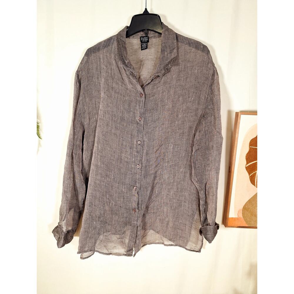Eileen Fisher New York Women's Gray Sheer Button-Up Long-Sleeved Blouse Large - Picture 6 of 7